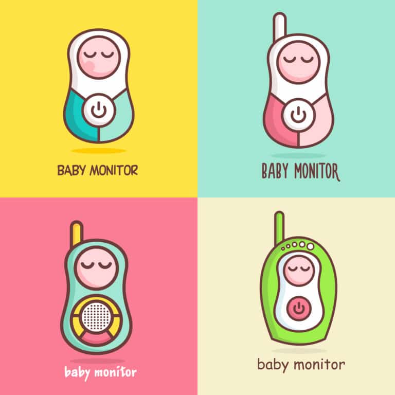 Illustrated baby monitors on a colorful four-panel background; each panel features a different design and color scheme.