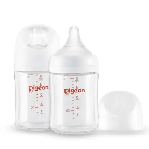 Pigeon Glass Nursing Bottle Wide Neck, Anti-Colic, Streamlined Body, Natural Feel, Easy to Clean, Heat-Resistant, 5.4 Oz(Pack of 2), Includes 2pcs SS Nipples (0m+)